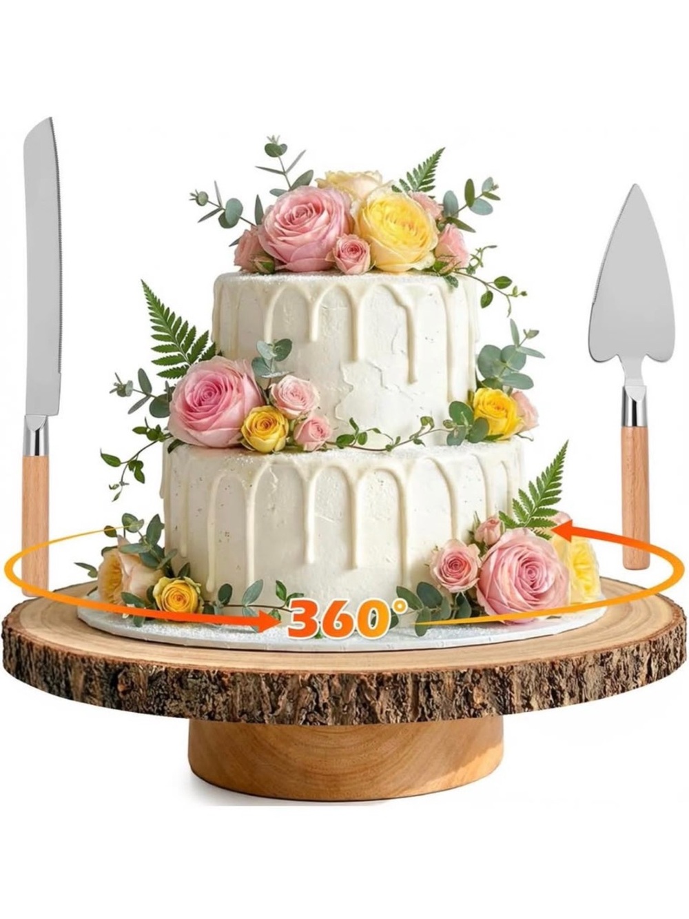 Wooden Cake Stand Turntable with Natural Bark Edge - White Cake Display